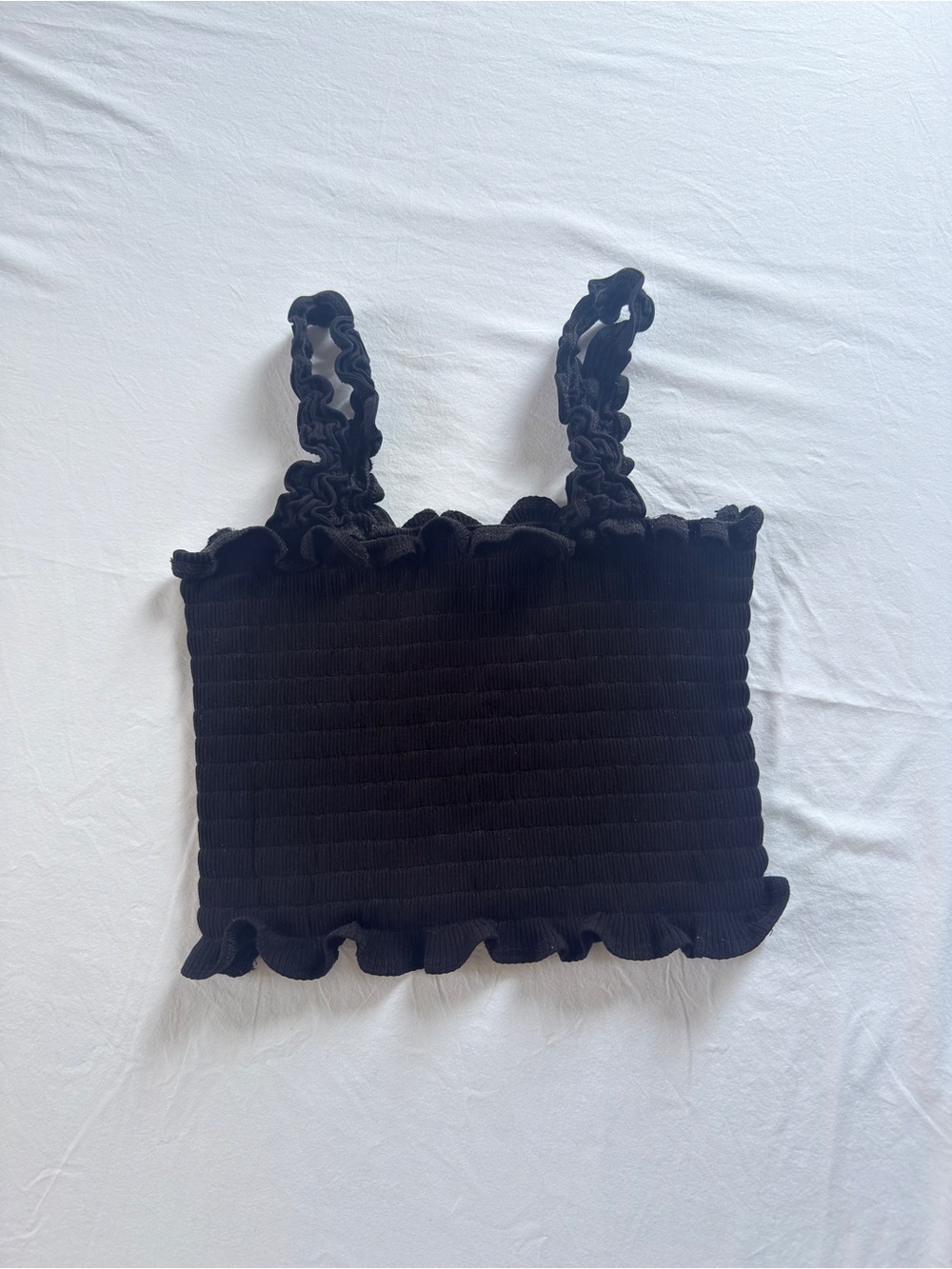 Reformation Black Smocked Ruffle Crop Top